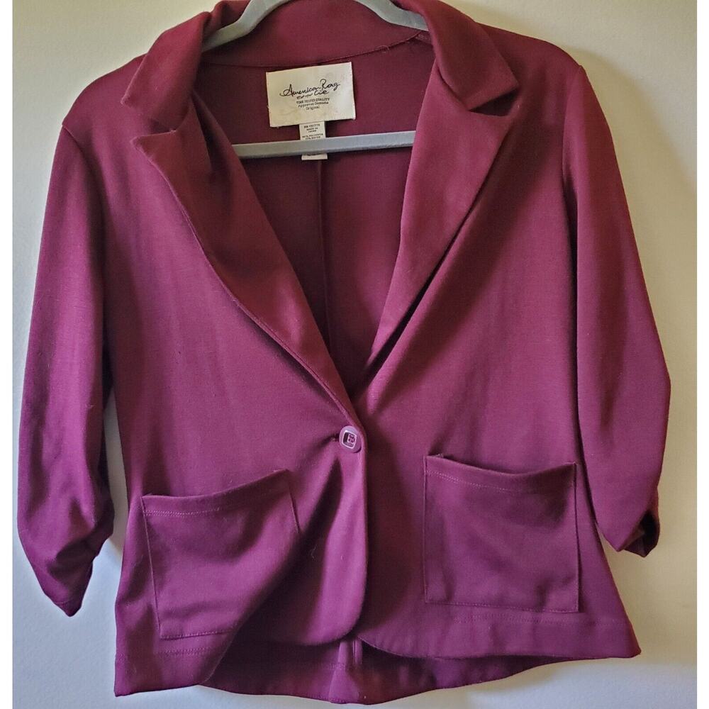 American Rag Sz M Burgandy Knit Blazer Rouched Sleeve